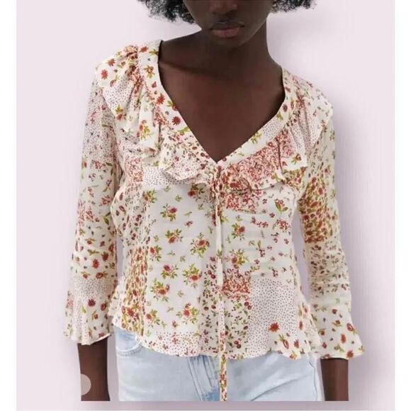 ZARA RUFFLED PATCHWORK PRINT SHIRT - Picture 1 of 4